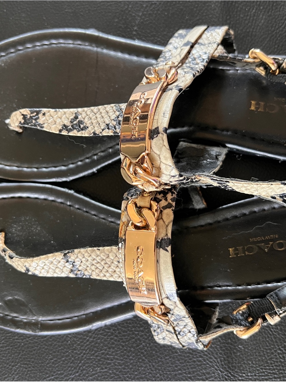 Coach Snake Print T-Strap Sandals with Gold Hardware - WELL LOVED